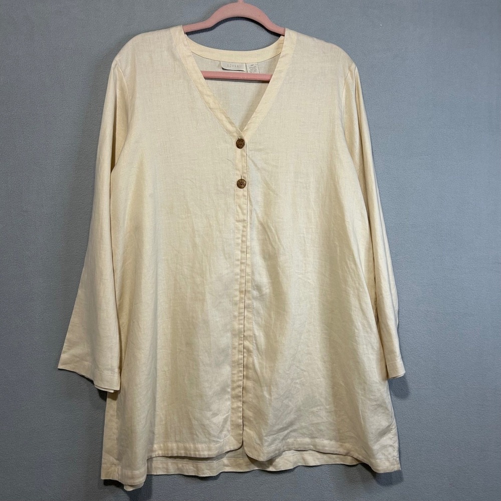 J Jill Linen Tunic Womens Medium Petite Beige Button Front Casual Top‎ Boho